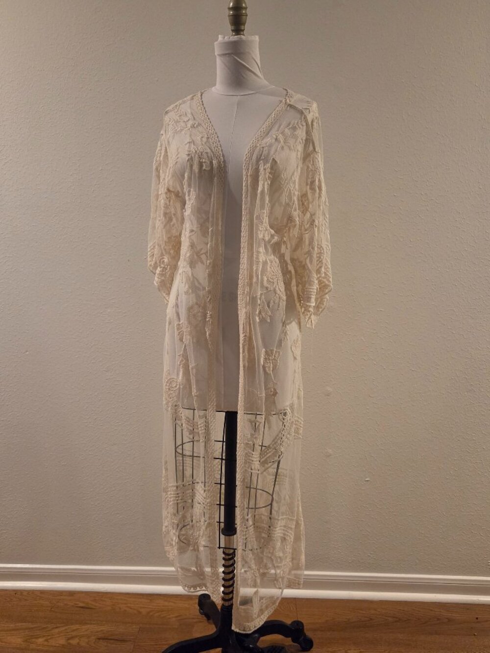 Ivory Sheer Embroidered Lace Maxi Duster Kimono Boho Open Front